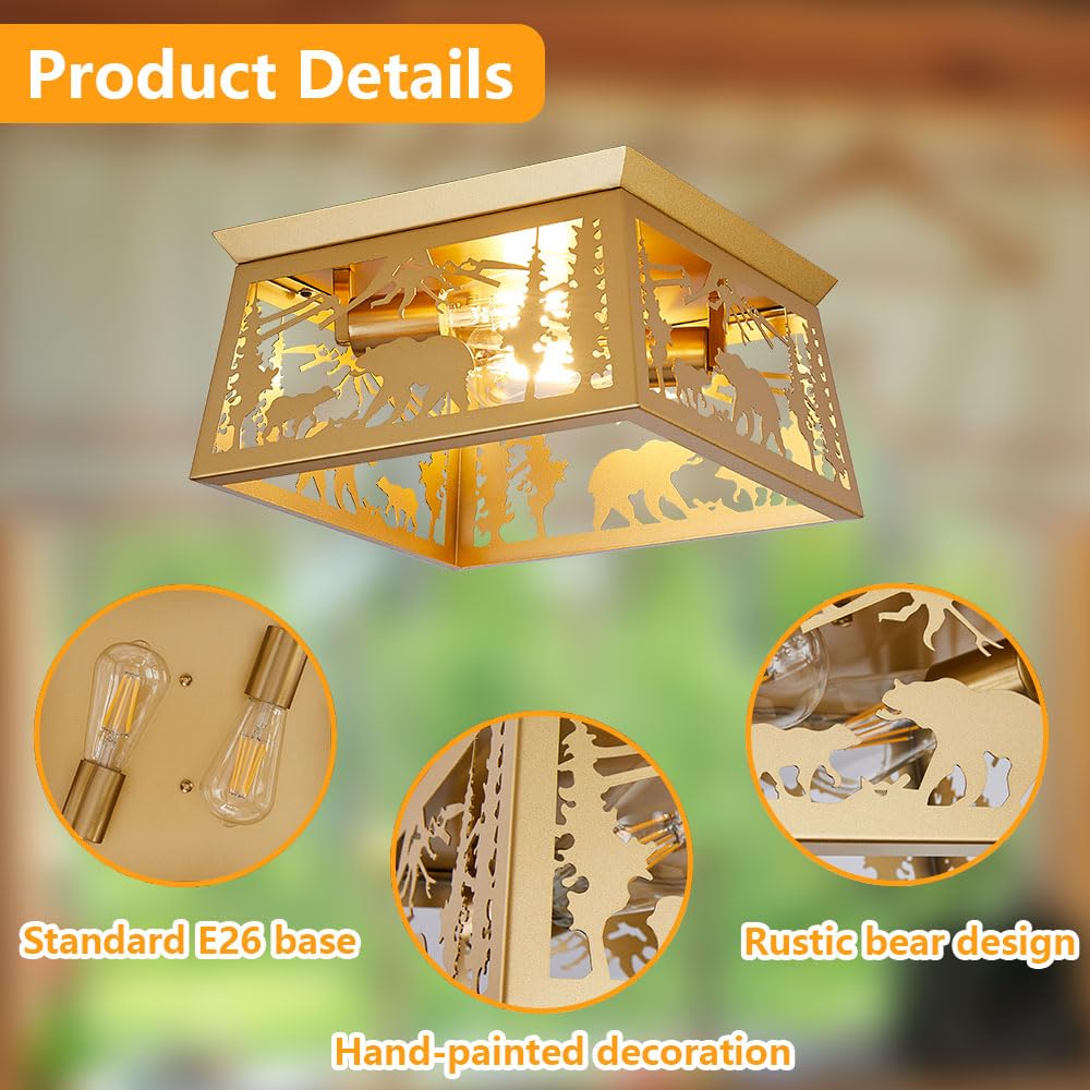 Gold Bear Lamp, Log Cabin Semi Flush Mount Ceiling Light Rustic Modern Farmhouse Golden Bear Light for Bedroom Entryway Living Room Foyer,E26 Base, 12.5" Feohak