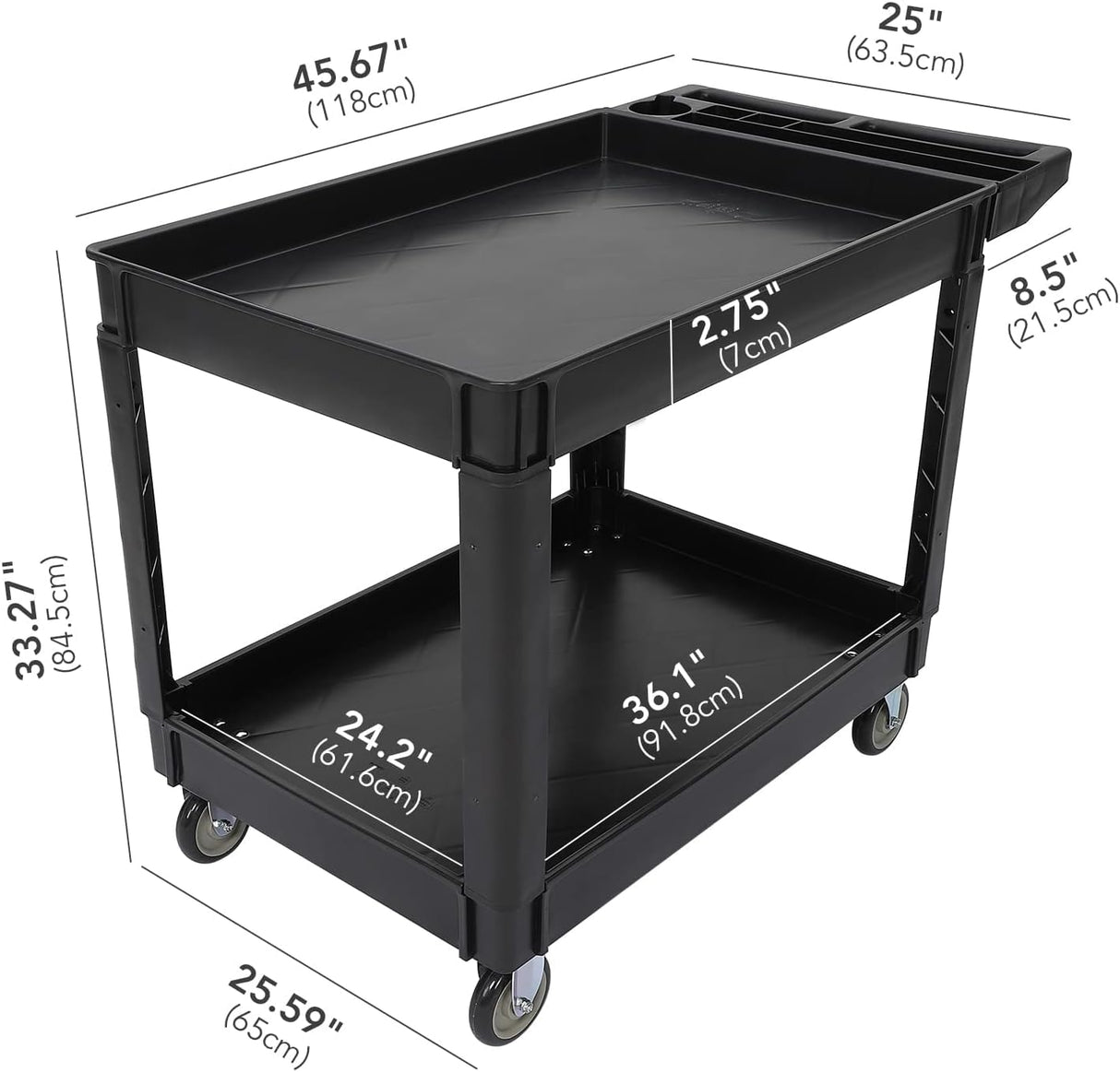 Service Cart 2-Shelf, 500 lbs Capacity, Storage Handle, for Warehouse/Garage/Cleaning/Manufacturing, 45"X25" PioneerWorks