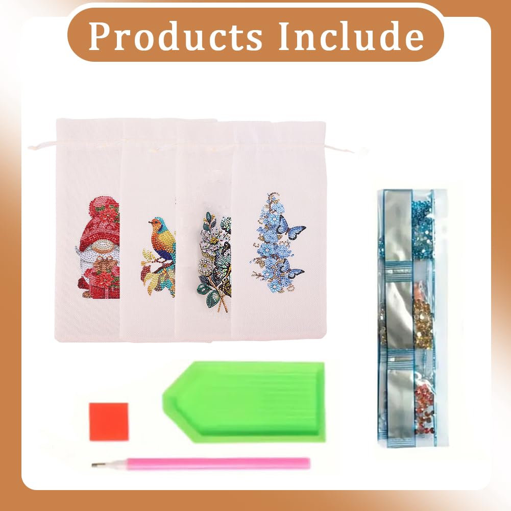 4 Pcs DIY Diamond Painting Art Kit Diamond Painting Wine Bag Kit Rhinestones Label Liquor Bottle Cover Gift for Wine Lover Women Men Christmas (Gnome Butterfly) WoodArtSupply