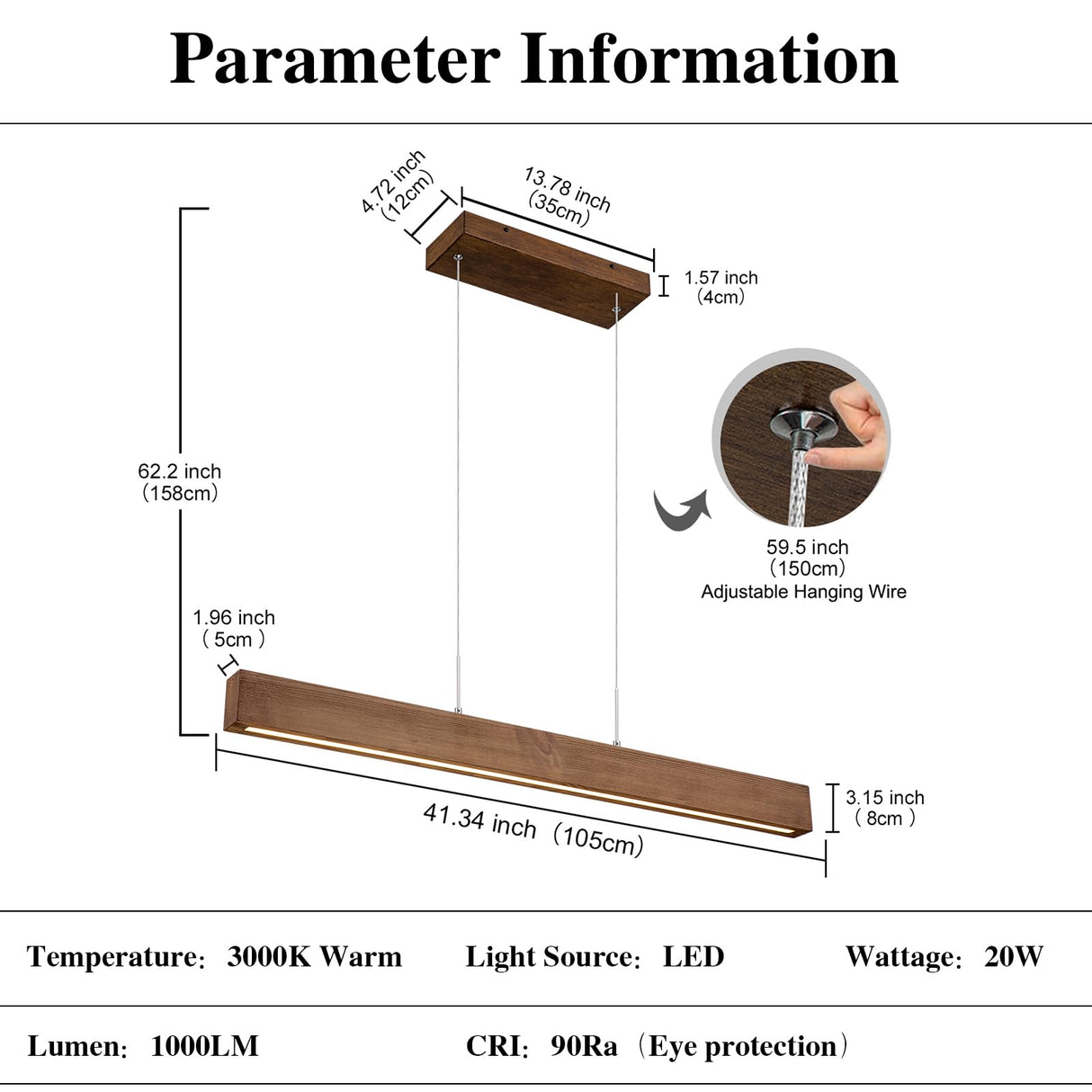 EDISLIVE Wood Linear LED Pendant Light Dimmable LED Chandelier 41.3 in Adjustable Linear Hanging Light Fixture 3000K 20W Island Light for Dinning Room Kitchen EDISLIVE
