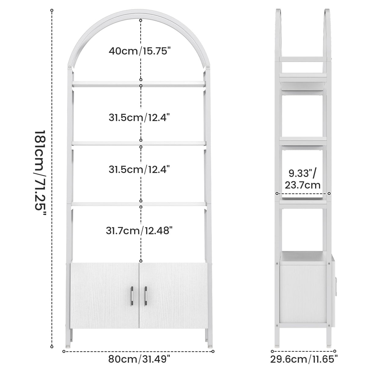 Saudism Arched Bookshelf with Doors, 71" Tall Industrial Bookcase with Sturdy Metal Frame, Freestanding Display Shelving Unit, White Geometric Book Shelf for Lving Room, Bedroom, Home Office Saudism