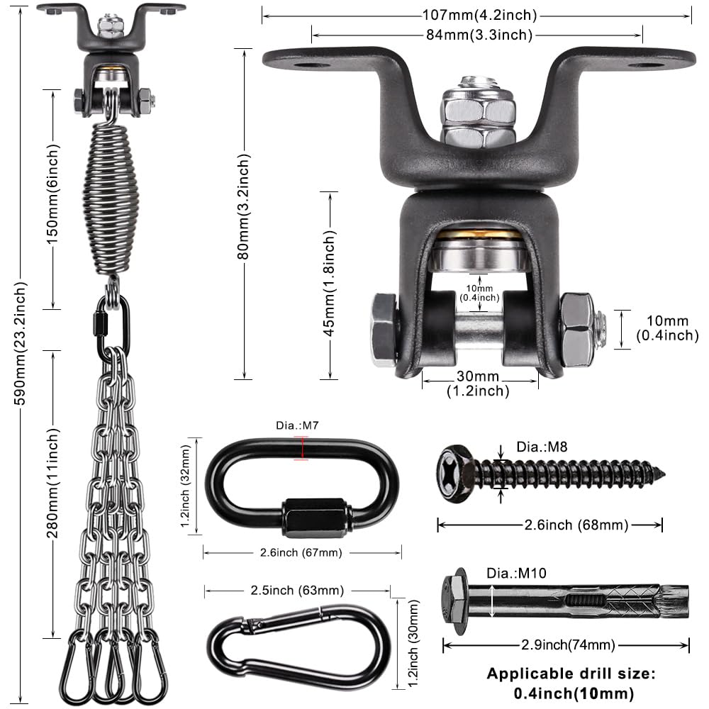 BeneLabel Heavy Duty Boxing Punching Bag Hanger Chain with Spring, 350 LB Capacity, 360° Rotation Wood Beam Holder with 4 Chains and 4 Carabiners, 2 Hexagon Wood Screws and 2 Expansion Screws. BeneLabel