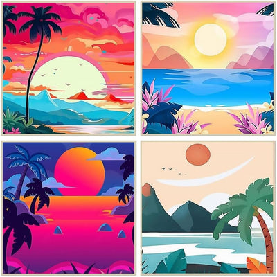 Fuinkqe 4 Pack Paint by Numbers for Adults and Kids Beginner, Landscape-Beach DIY Acrylic Painting Paint by Numbers Kits on Canvas for Kids Ages 4-8-12 Perfect for Gift Home Wall Decor(8x8in)