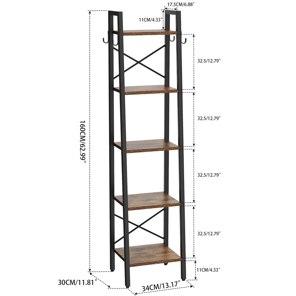 YMYNY 5 Tiers Ladder Bookcase, Industrial Narrow Bookshelf, Open Display Rack with 4 S Hooks, Metal Storage Shelves for Bedroom, Home Office, Living Room, Rustic Brown, 63H*13.4L*11.8W, UHBC025H