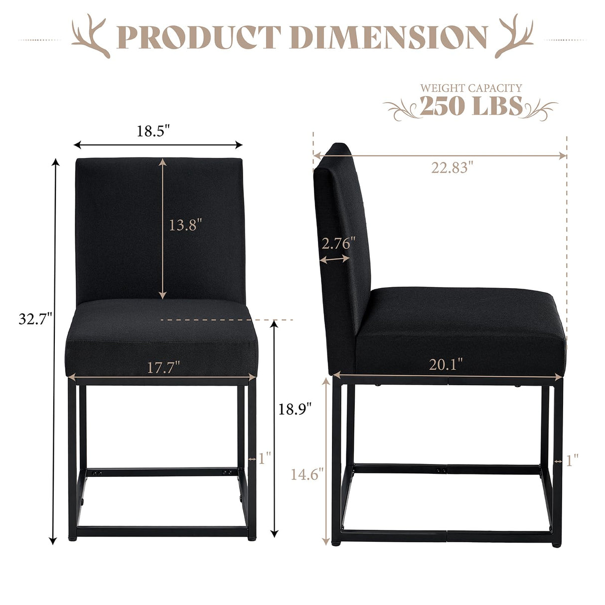 AMERLIFE Mid Century Linen Dining Chairs Set of 6, Modern Upholstered Dinner Chairs with Metal Frame for Restaurant, Dining Room, Kitchen, Black Padded Chairs AMERLIFE