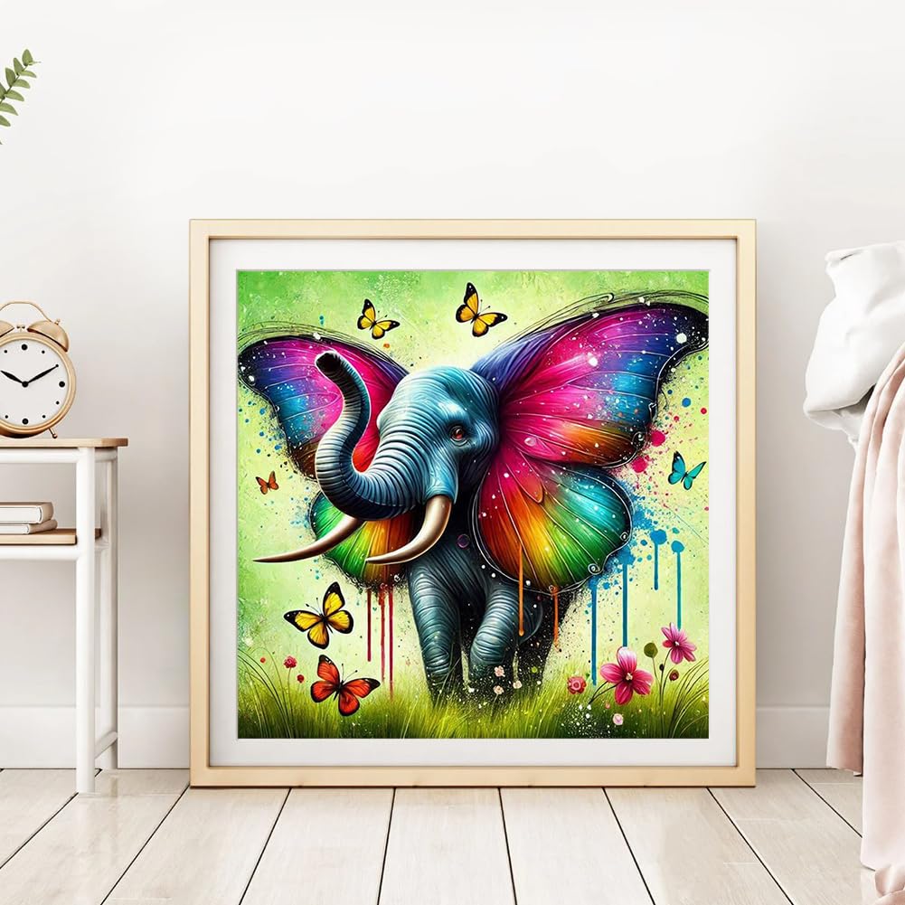DPDAKIT Diamond Art Kits for Adults, Animal Elephant Diamond Painting Kits for Beginner, 5D DIY Butterfly Round Full Gem Art Crafts for Home Wall Decor Gift, 12x12inch DPDAKIT