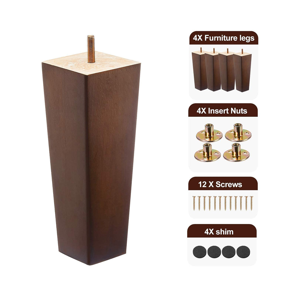Wood Furniture Legs 6 inch Sofa Legs Pack of 4,Couch Legs Square Brown,Mid century desk legs,Sofa replacement parts, For Dresser legs Sideboard Recliner couch Circle chair Couch riser Coffee Table SHANJUE