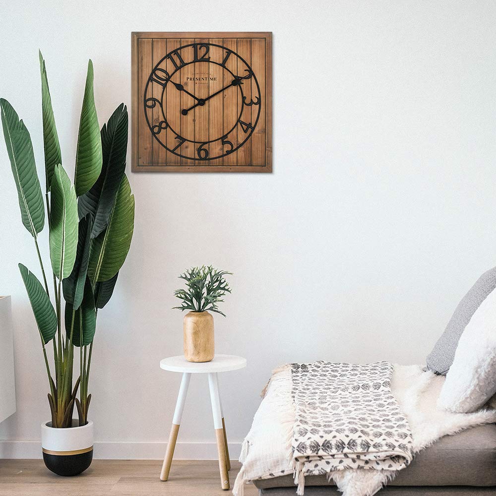 Presentime & Co 21" Farmhouse Square Shiplap Barn Door Wood Clock - Fir, Arabic Numeral. Home Decoration/Wall Decoration/Farmhouse Décor for Living Room, Dining Room, and Entryway. Presentime