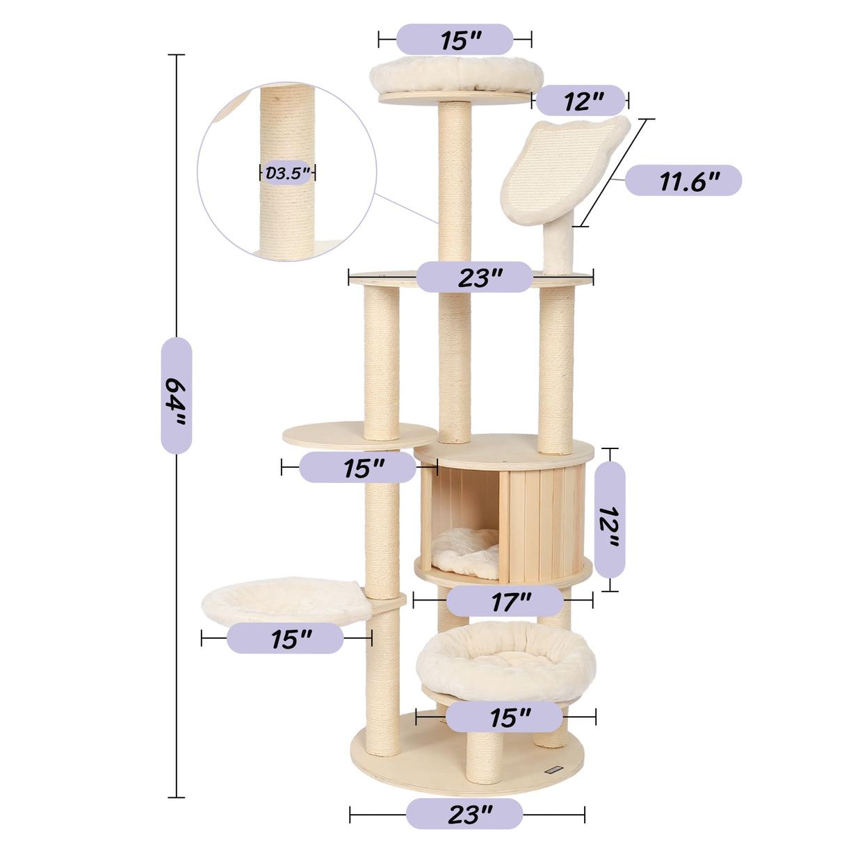 KAMABOKO 64" Tall Cat Tree - Wooden Cat Tree Tower with Cat Condo, Hammock & Top Perch, Modern Tall Cat Tree w/Natural Sisal Posts for Climb Scratch Play Rest KAMABOKO