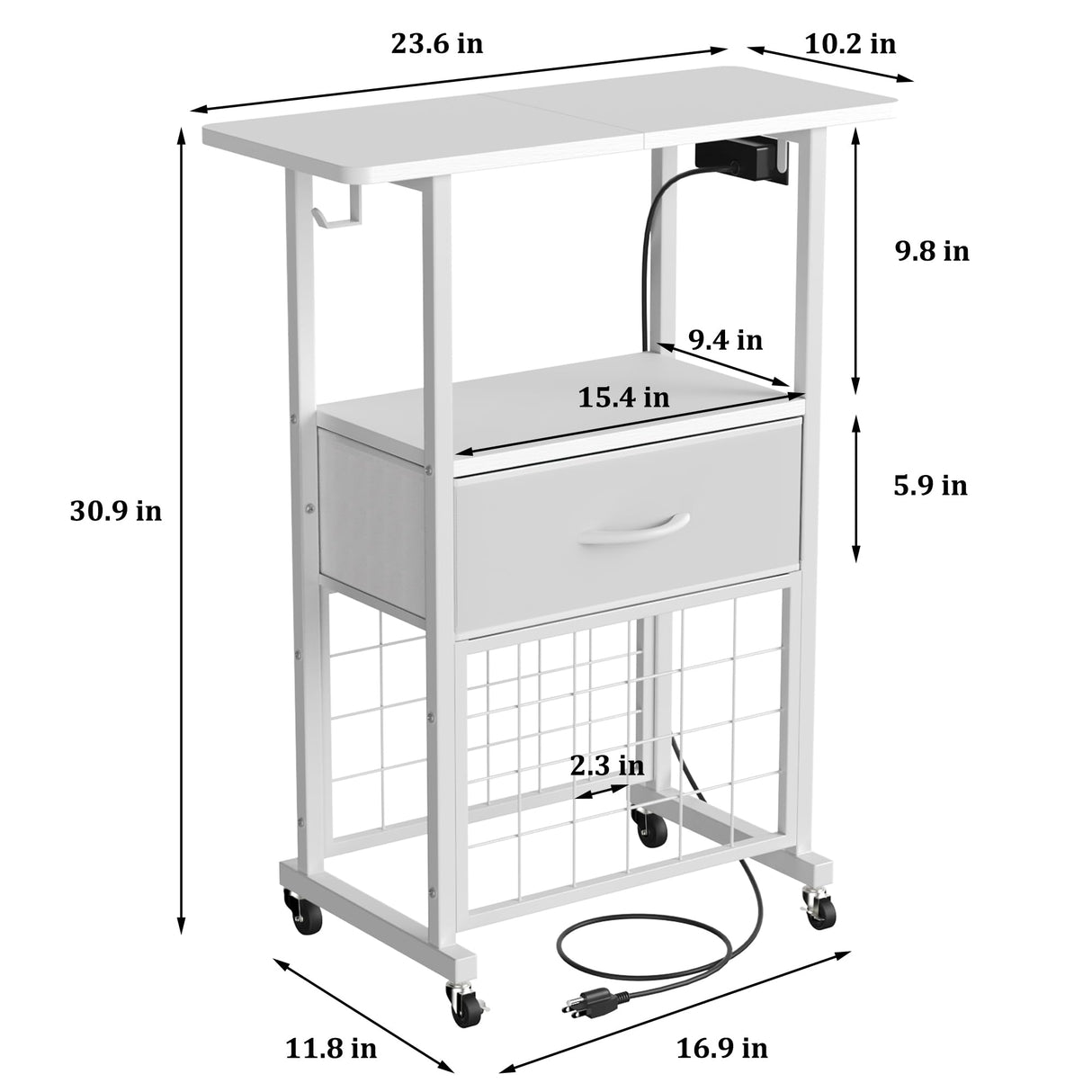 Rolling Craft Cart with Charging Station & Fabric Drawer, 24 Vinyl Roll Holders for Cricut, Organizers and Storage Compatible with Maker, Organization for Craft Room, White Jchccu