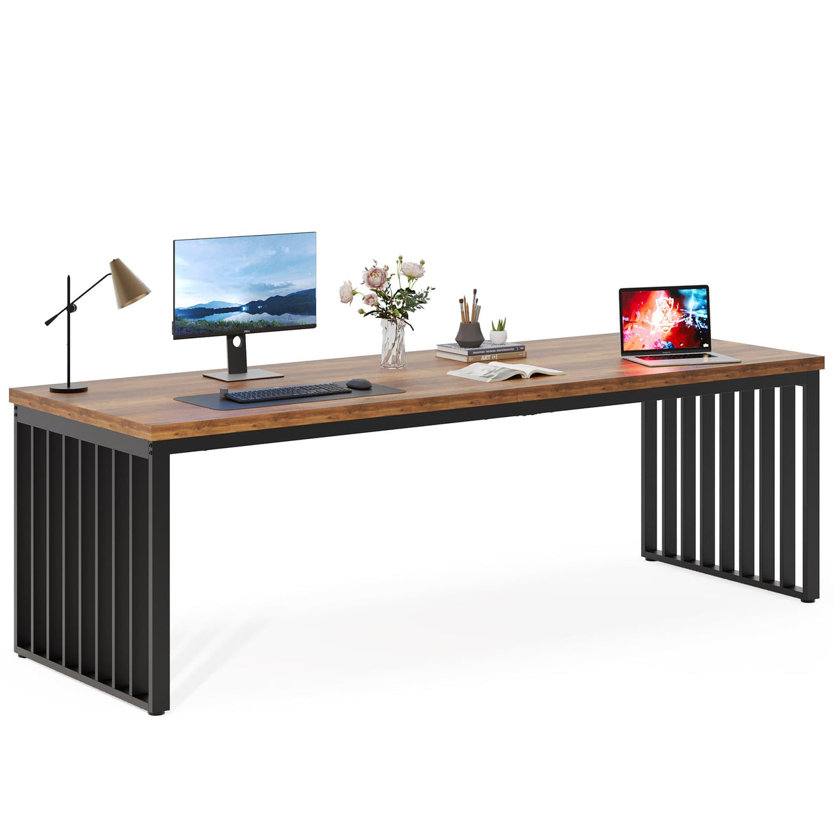 Tribesigns 78.74" Extra Long Computer Desk 2 Person Desk, Double Long Desk with Heavy Duty Metal Frame, Double Workstation Study Desk for Home Office, Brown (Without Chair) Tribesigns