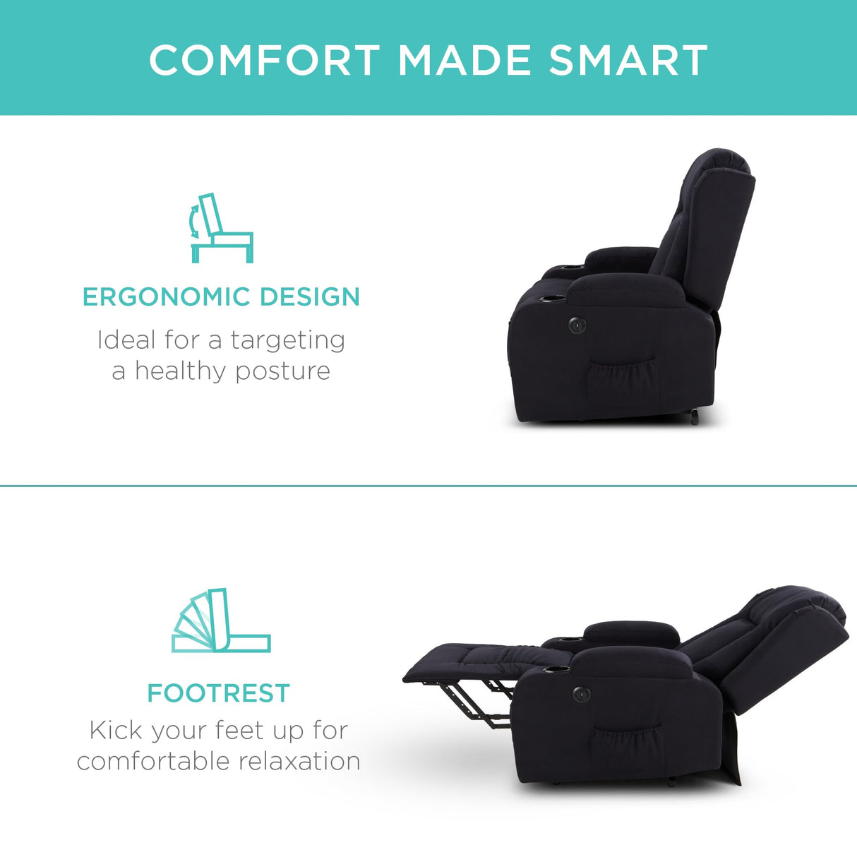 Best Choice Products Modern Linen Electric Power Lift Chair, Recliner Massage Chair, Adjustable Furniture for Back, Legs w/ 3 Positions, USB Port, Heat, Cupholders, Easy-to-Reach Button - Black Best Choice Products