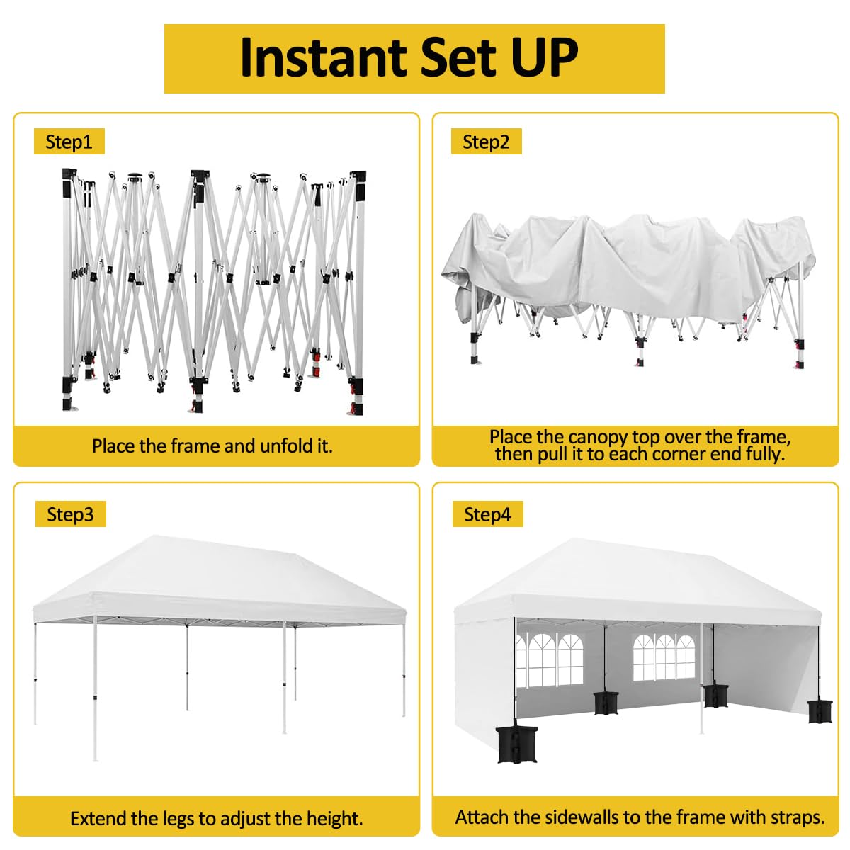 Eachbid 10' x 20' Pop Up Canopy Gazebo Commercial Tent with 4 Removable Sidewalls, Large Party Tent, Event Shelter Gazebo Canopy with 4 Sandbags, Stakes X12, for Patio Party Weddings Picnic (White) Eachbid