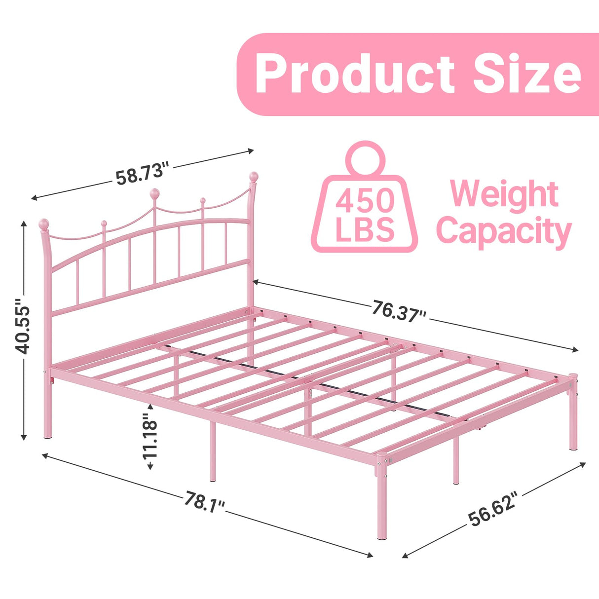 Weehom Full Size Bed Frame with Headboard, Metal Platform Bed for Kids Adults Easy Assembly Under Bed Storage Space Heavy Duty Steel Slat Support No Box Spring Needed, Pink Weehom
