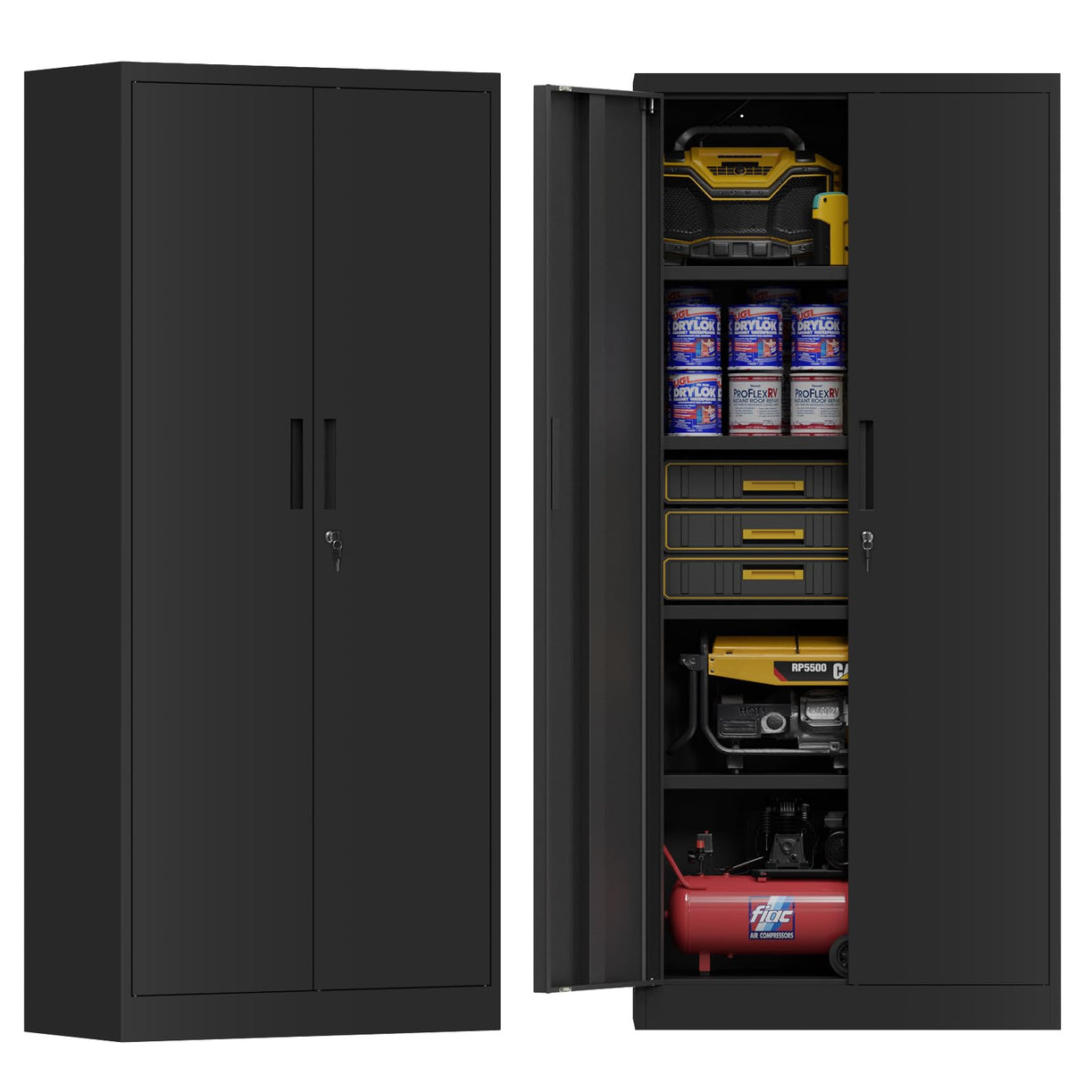 Maemttes 72" Metal Storage Cabinet with Doors and Shelves, Tall Garage Cabinets Lockable File Cabinet, Heavy-Duty Locker Cabinet Tool Cabinets for Garage, Office, Home, Kitchen (Black) Maemttes