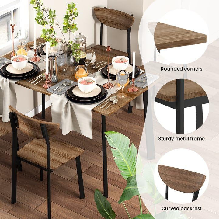 Lamerge Kitchen Dining Table Set for 4, Modern Rectangular 5 Piece Dining Room Table and Chairs Set, Brown Wooden Metal Table Set for Family Dinner, Party, Afternoon Tea and Work (Curved Moon) Lamerge