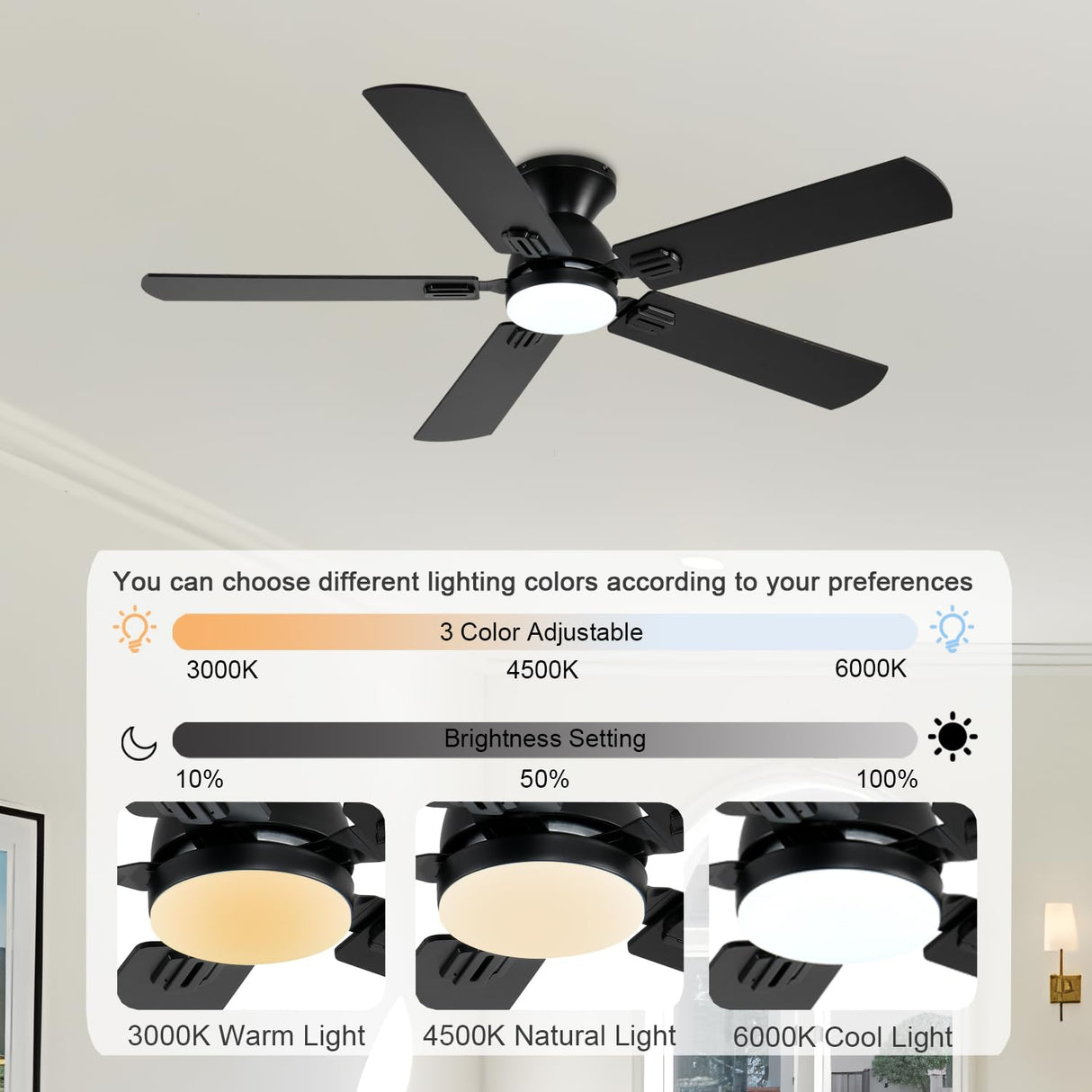 GJeg Ceiling Fans with Lights, 52 Inch Low Profile Ceiling Fan with Light and Remote/APP Control, Noiseless, LED Dimmable DC Reversible 6 Speeds, Flush Mount Black Ceiling Fan for Bedroom GJeg