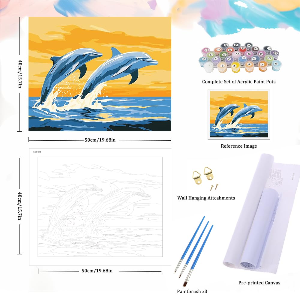 Natuyalo Paint by Numbers for Adults Beginner, Dolphin Acrylic Painting by Number Kits Animal DIY Art Craft Kits Suitable for Home Wall Decoration Frameless (16x20 Inch) Natuyalo