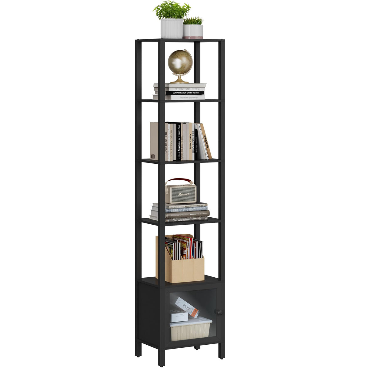 TUTOTAK 6 Tier Bookcase and Bookshelf, Narrow Book Shelf with Door for Small Space, for Living Room, Office, Study, Entryway, Black BS03BK006 TUTOTAK