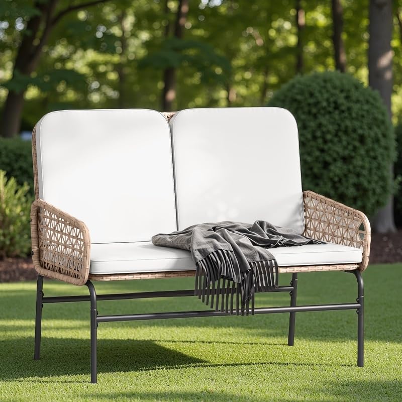 YITAHOME Patio Loveseat Wicker Outdoor Furniture, All Weather Loveseat Rattan Conversation with Soft Cushions & High Back, Patio Sectional Furniture for Backyard, Balcony and Deck, Beige YITAHOME