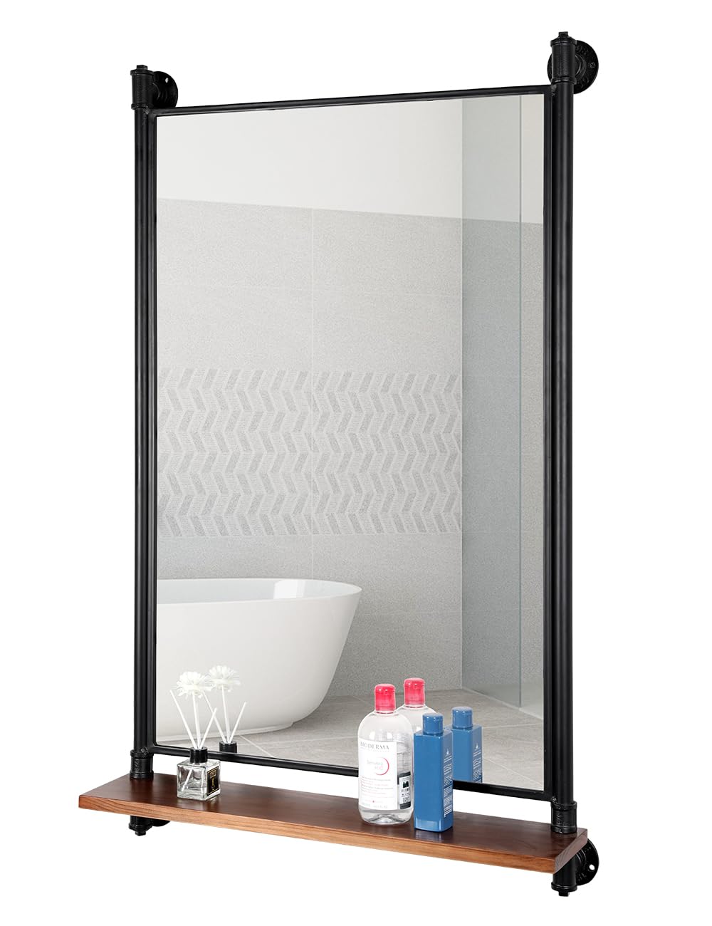 OLDRAINBOW Industrial Pipe Mirror Wood Shelves,Bedroom Mirror with Shelf,Rectangle Iron Wall Mirrors for Living Room Bedroom(34.6 x 23.6 in) OLDRAINBOW