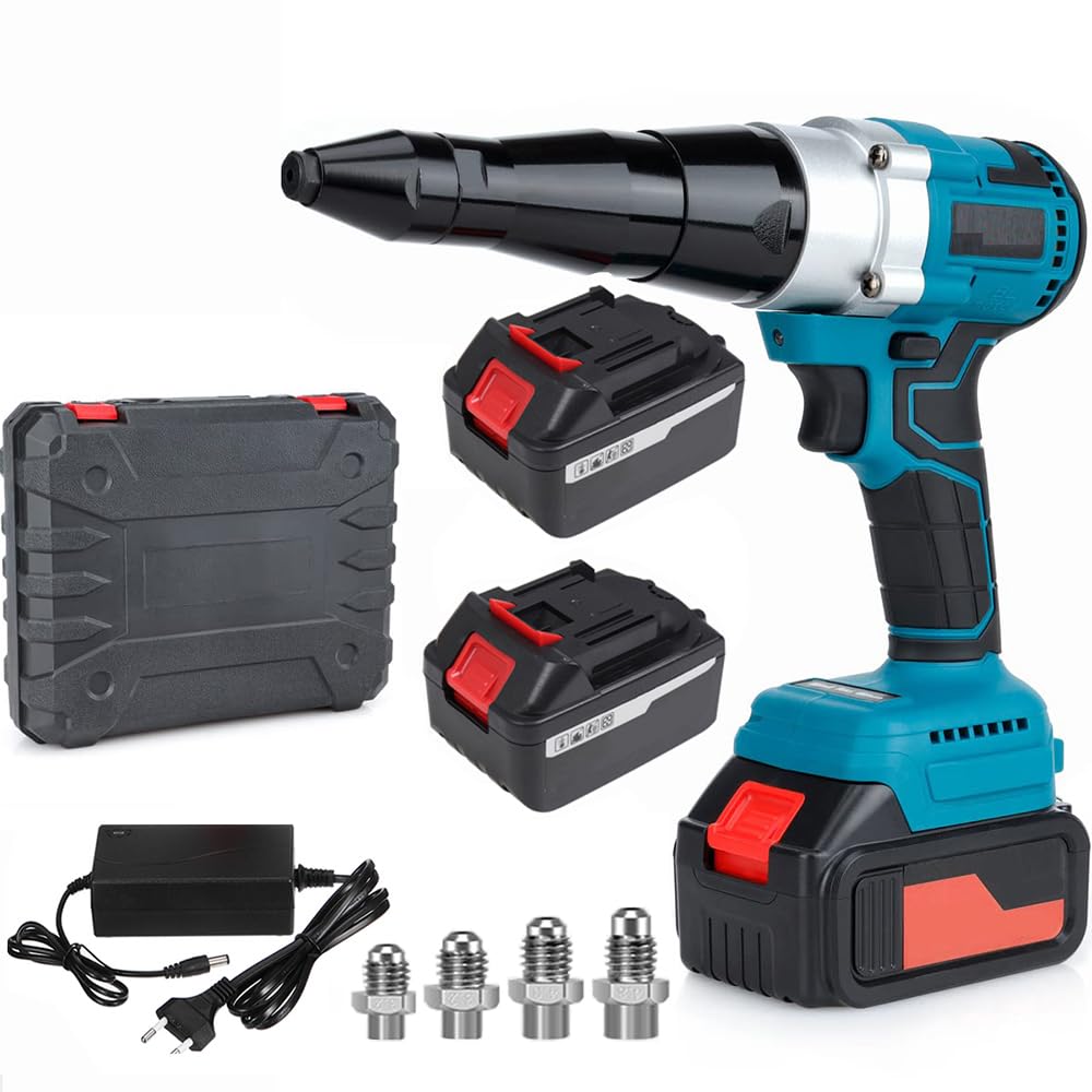 Cordless Rivet Gun,Portable 21V Lithium Battery Electric Automatic Core Pulling Rivet Gun,Professional Brushless Blind Riveter Tool Kit for Rivets 2.4/3.2/4.0/4.8 mm,with 3.0Ah Battery (2 Batteries) iMeshbean