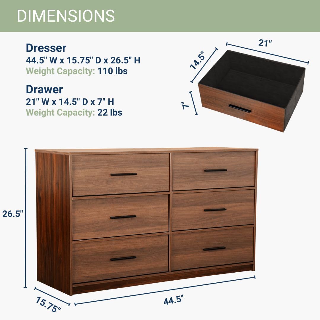Modern 6-Drawer Dresser with Spacious Storage,Sturdy Wood Frame, and Large Capacity Drawers, Dressers for Bedroom, Home Organization Storage for Living Room or Hallway, Walnut Techni Home