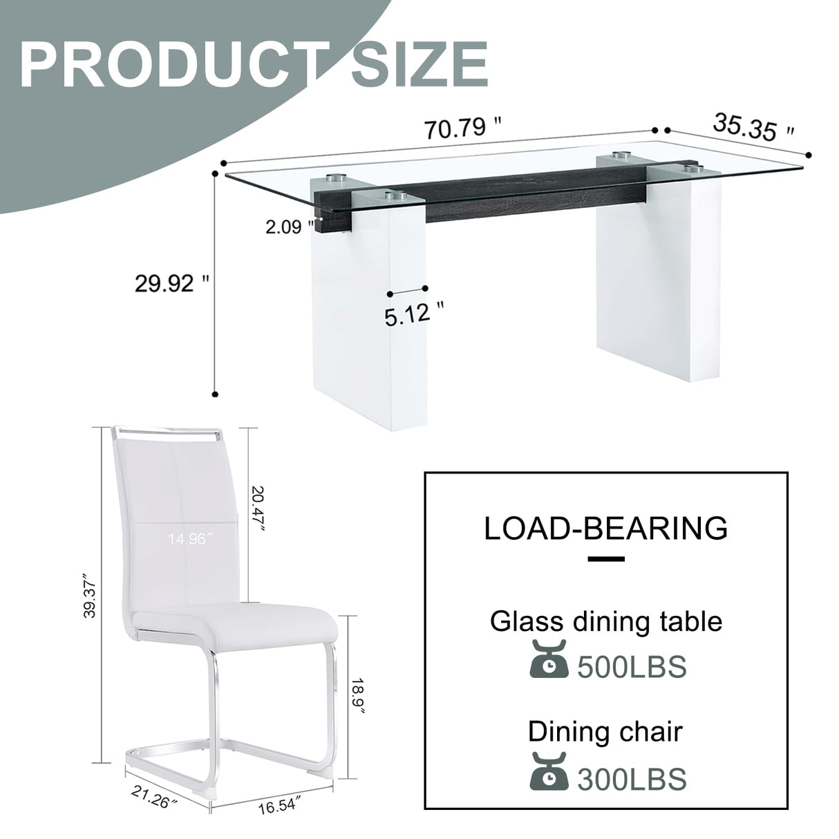 MEMUY Glass Dining Table Set for 8,Rectangle Dining Table Top with White High Glossy Wood Board Base,71”White Kitchen Table with 8 White Chairs for 6-8 Person MEMUY