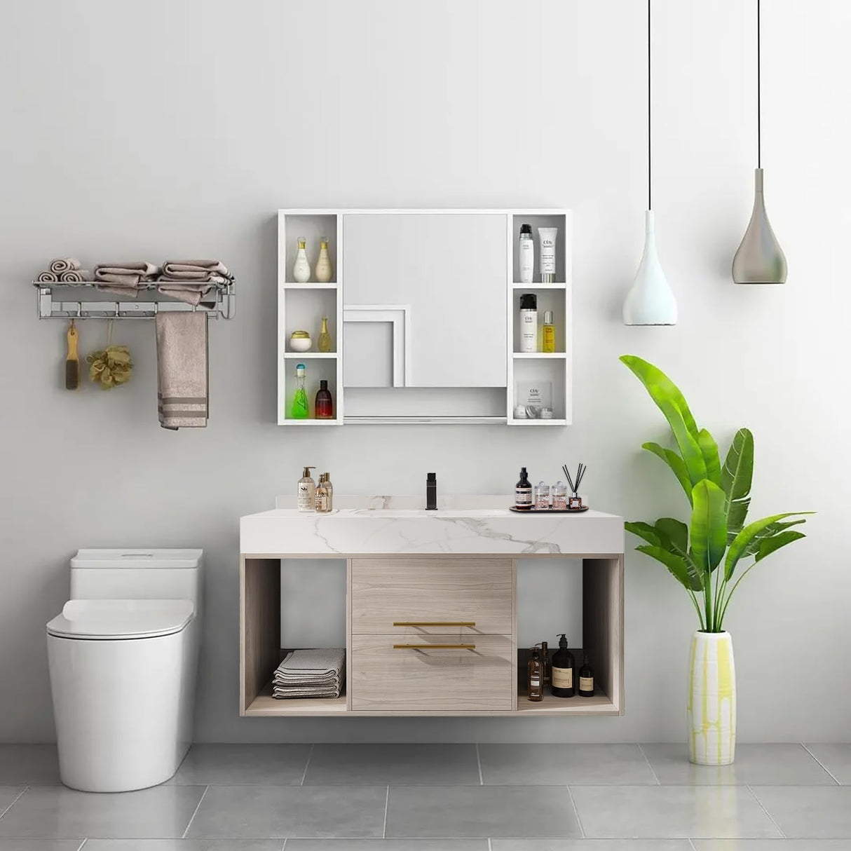 40 Inch Modern Wall Mounted Bathroom Vanity with White Sintered Stone Countertop. Quick Assembly Solid Wood Floating Bathroom Cabinet with 2 Drawers and 2 Storage.White. Glintee