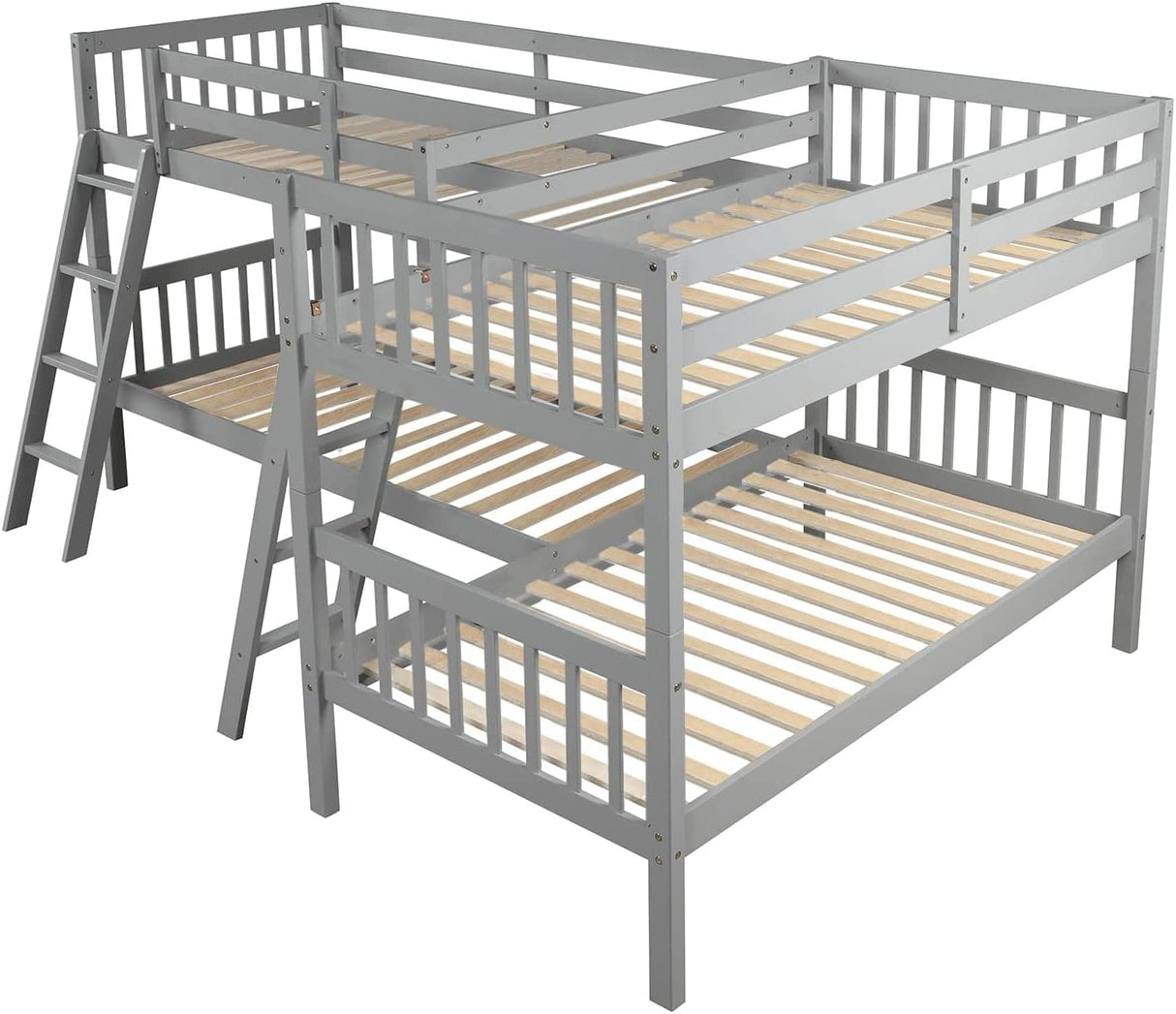 MERITLINE L-Shaped Quad Bunk Bed, Four Bunk Bed Twin Over Twin with Angle Ladder,Wooden Corner 4 Bed Bunk Bed for Kids, Teens, Adults, No Box Spring Needed (Twin, Grey) MERITLINE