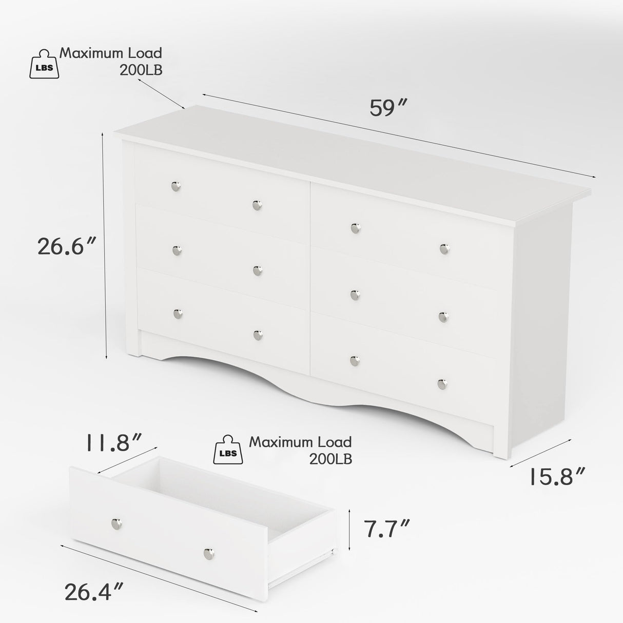 Furniwell 6 Drawer Dresser for Bedroom, Wood Dresser Wide Storage Organizer for Living Room Hallway Closets (White) Furniwell