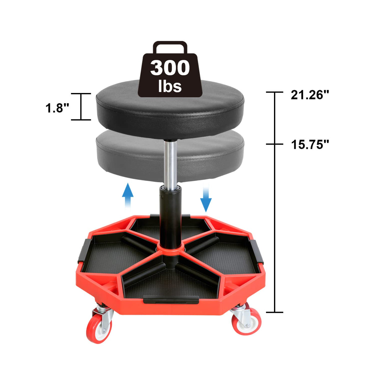 Torin ATRXF8308B Pneumatic Mechanic Stool/Rolling Shop Creeper Seat with Adjustable Height and 4 Removable Tool Trays, 300 lb Capacity, Black/Red Torin