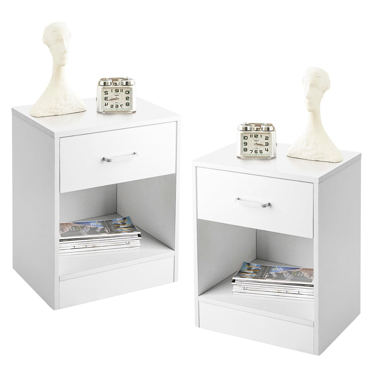 Karl home Nightstands Set of 2 with Drawer for Bedroom, Wood Night Stand Set 2 with Open Shelf, Modern Nightstand Bedside Tables Set of 2, End Table, White Karl home