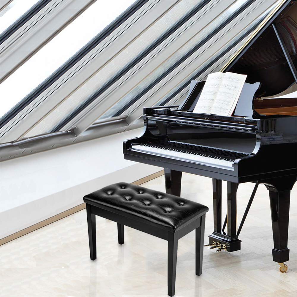 Bonnlo Wooden Double/Duet Piano Bench with Storage and Thick Cushion Faux Leather Padded Piano Stool Artist Duet Seat- Black Bonnlo