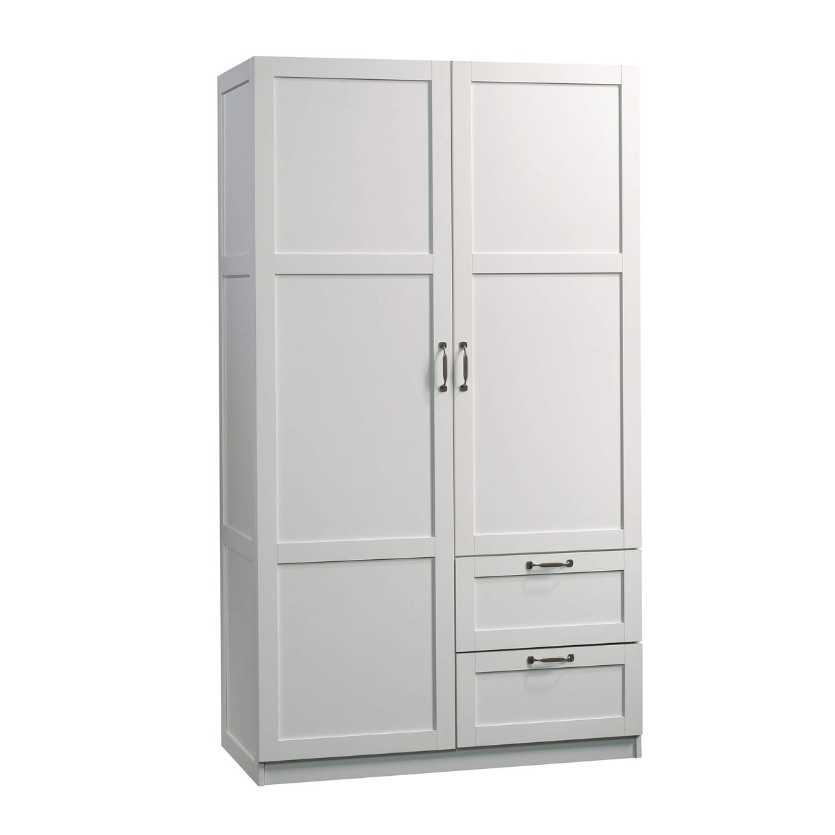 Sauder Select Multipurpose Bedroom Armoire Wardrobe Closet Pantry Storage Cabinet with Storage Drawers and Hanging Rail, in Soft White finish Sauder