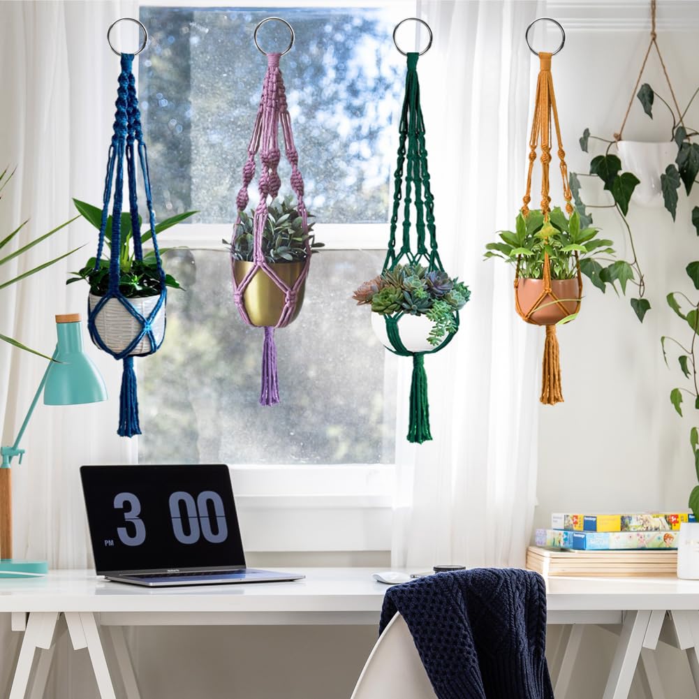 Ewparts Macrame Plant Hanger Kit with Instruction Book Tutorials Metal Rings 4mm Macrame Cord Green/Purple/Orange/Blue Pre-Cutted for Making 4 Macrame Plant Hangers Macrame Kit for Adults Beginners Ewparts