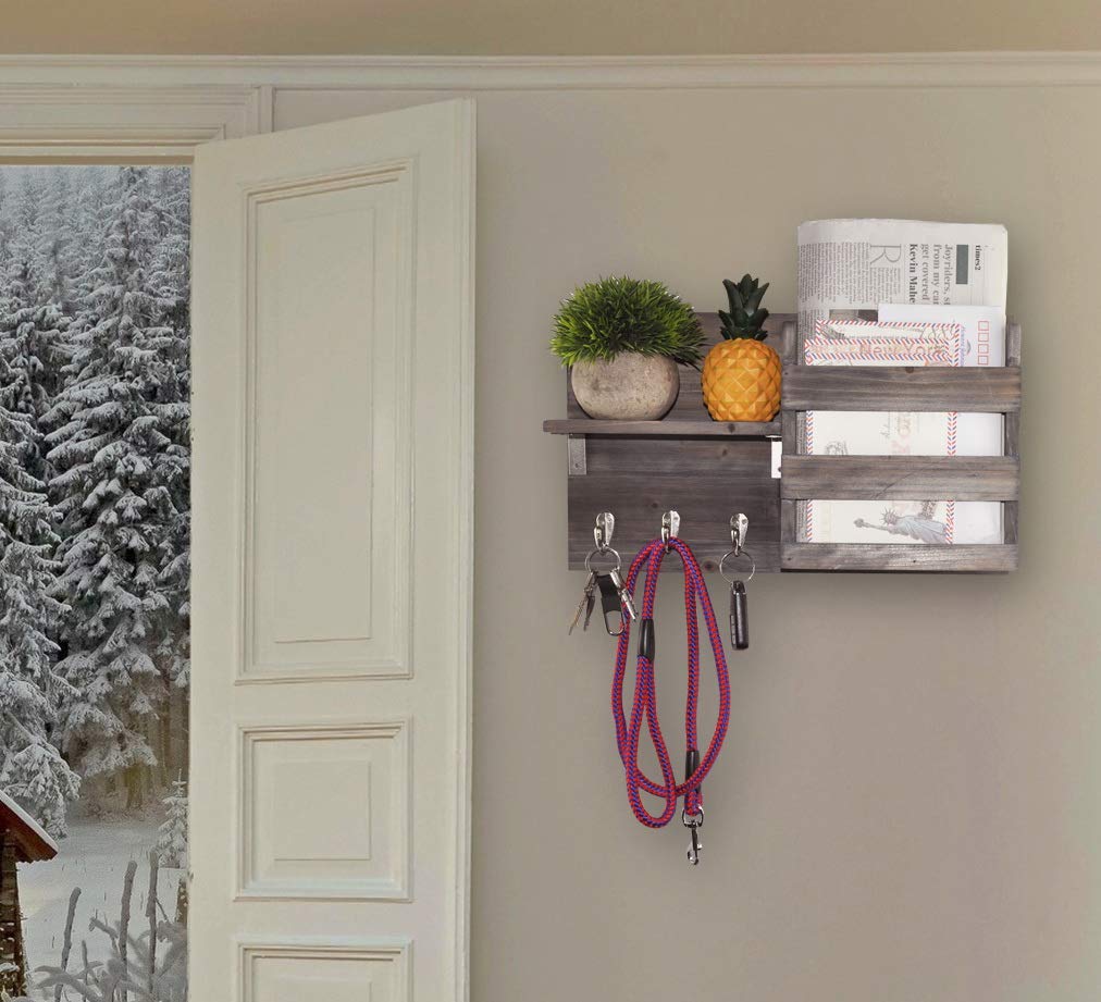 Spiretro Wall-Mounted Key Holder Hooks - Rustic Wood Weathered Grey & Black - Entryway Organizer for Mail, Leashes, and Purses - Floating Shelf, 16.5” W x 9.75" H x 4.5” D Spiretro