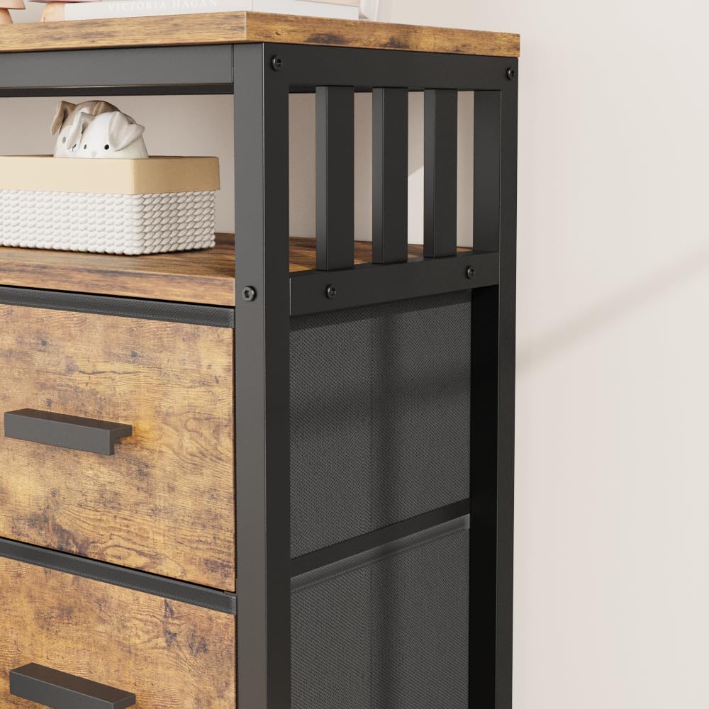 J-yaamiZz 7 Drawer Dresser TV Stand with Power Outlets and LED Lights, Entertainment Center with Open Shelf, Media Console for 50“ TV, Dresser for Bedroom (Brown) J-yaamiZz