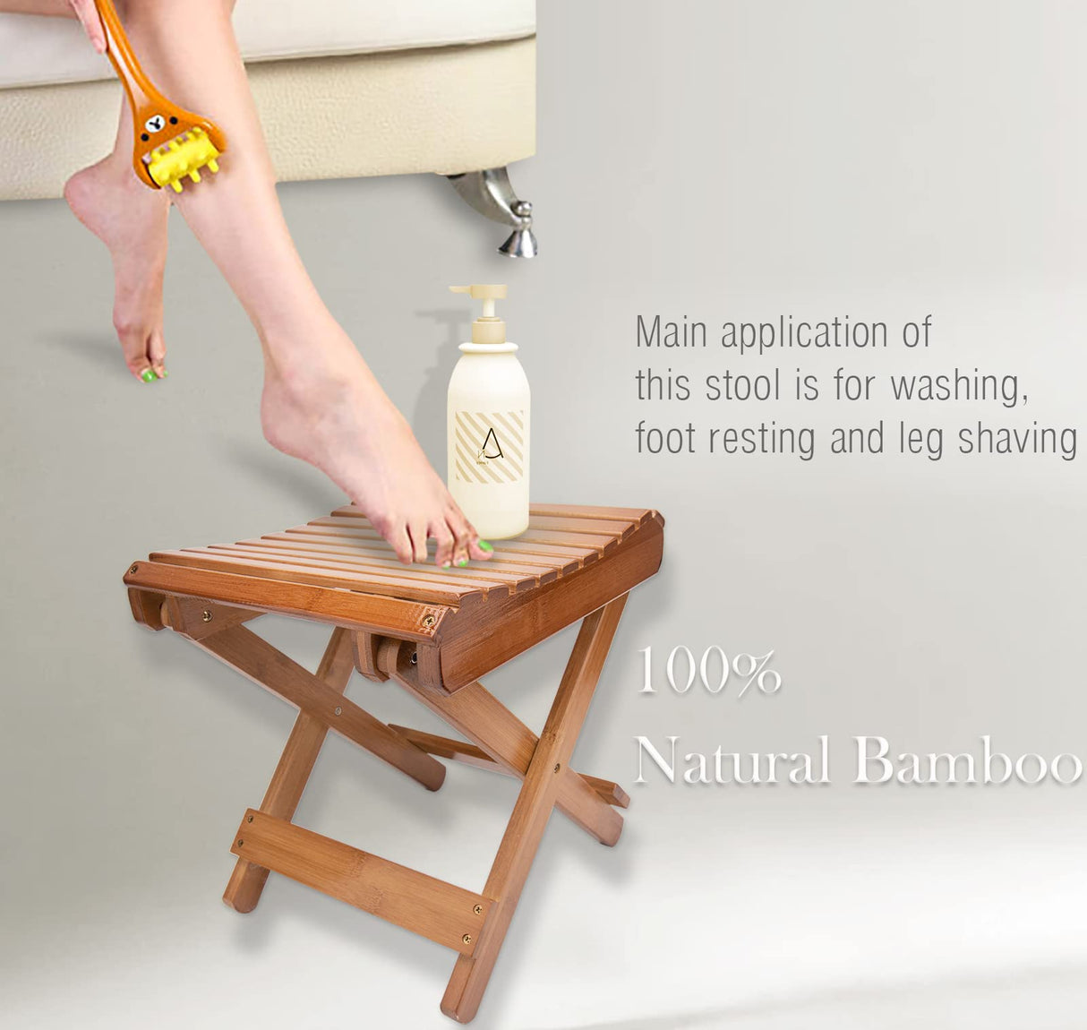 LOYPP Folding Bamboo Stool for Shower, Leg Shaving and Foot Rest, Natural Bamboo Folding Stool, Folding Bamboo Shower Seat, Fully Assembled, 12 Inch High LOYPP