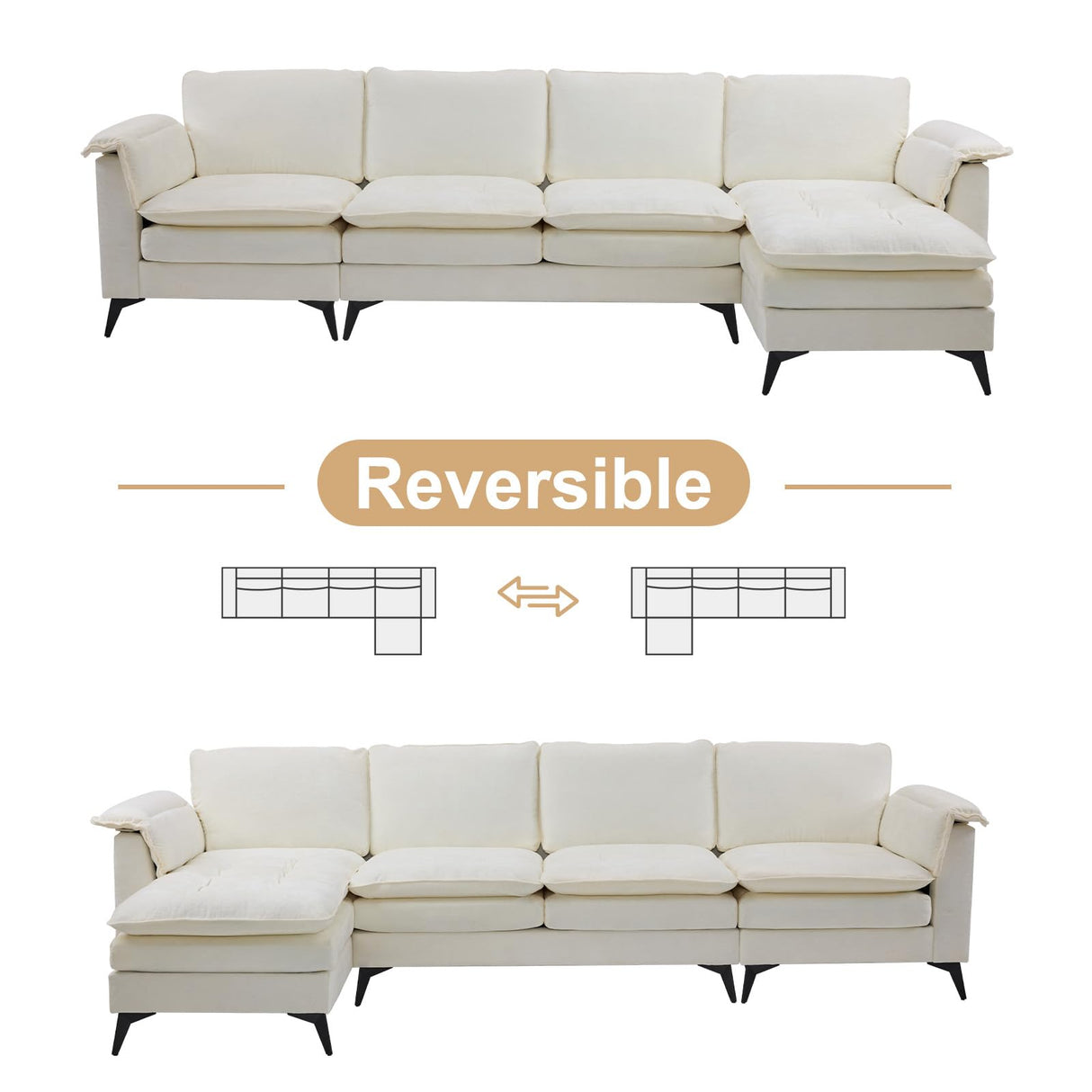 VINGLI 129'' Reversible Sectional Couches for Living Room,L-Shaped Couch Sofa Set with Chaise,Comfy Cloud Couches in Lattice Decored Seat Cushion with Double Pads, Creamy-White VINGLI