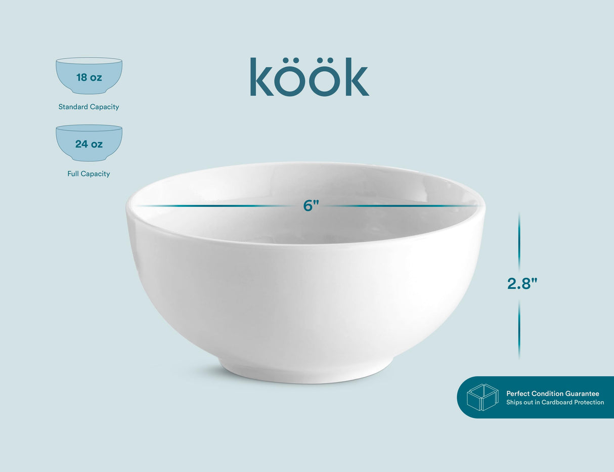 KooK Soup Bowl, Cereal Bowl, Bowl Set, White Ceramic Bowls, Set of 6, Microwave, Dishwasher and Freezer Safe, Chip Resistant, for Pasta, Salad, Oatmeal, Deep Interior, 24 Oz (White, 6 Inch) KooK