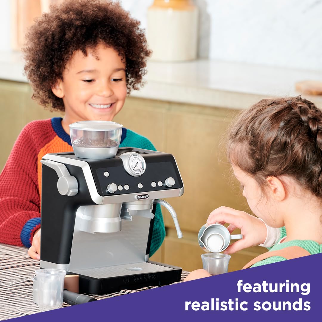 Casdon De'Longhi Toys Barista Coffee Machine. Toy Kitchen Playset for Kids with Moving Parts, Realistic Sounds and Magic Coffee Reveal. For Children Aged 3+, Silver, Black Casdon