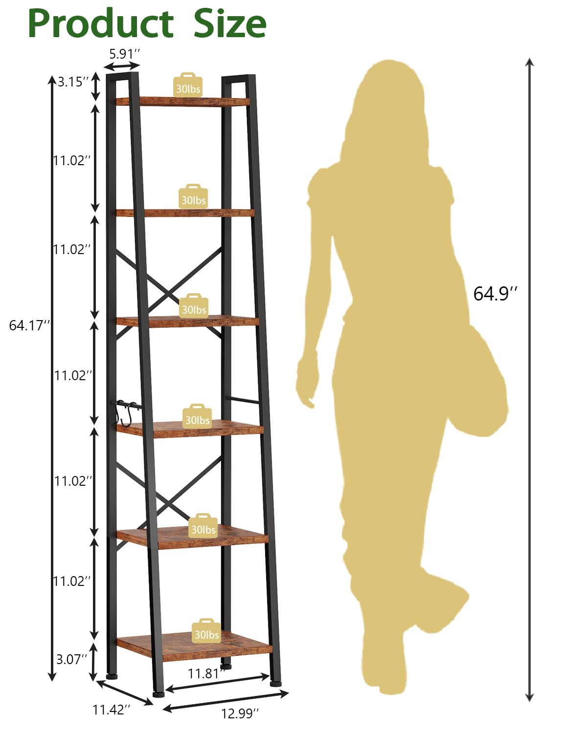 Furologee 6 Tier Ladder Shelf,Tall Bookshelf with 2 Hooks,Industrial Bookcase Standing Shelf Unts,Corner Storage Organizer for Living Room,Bedroom,Home Office,Bathroom,Rustic Brown Furologee