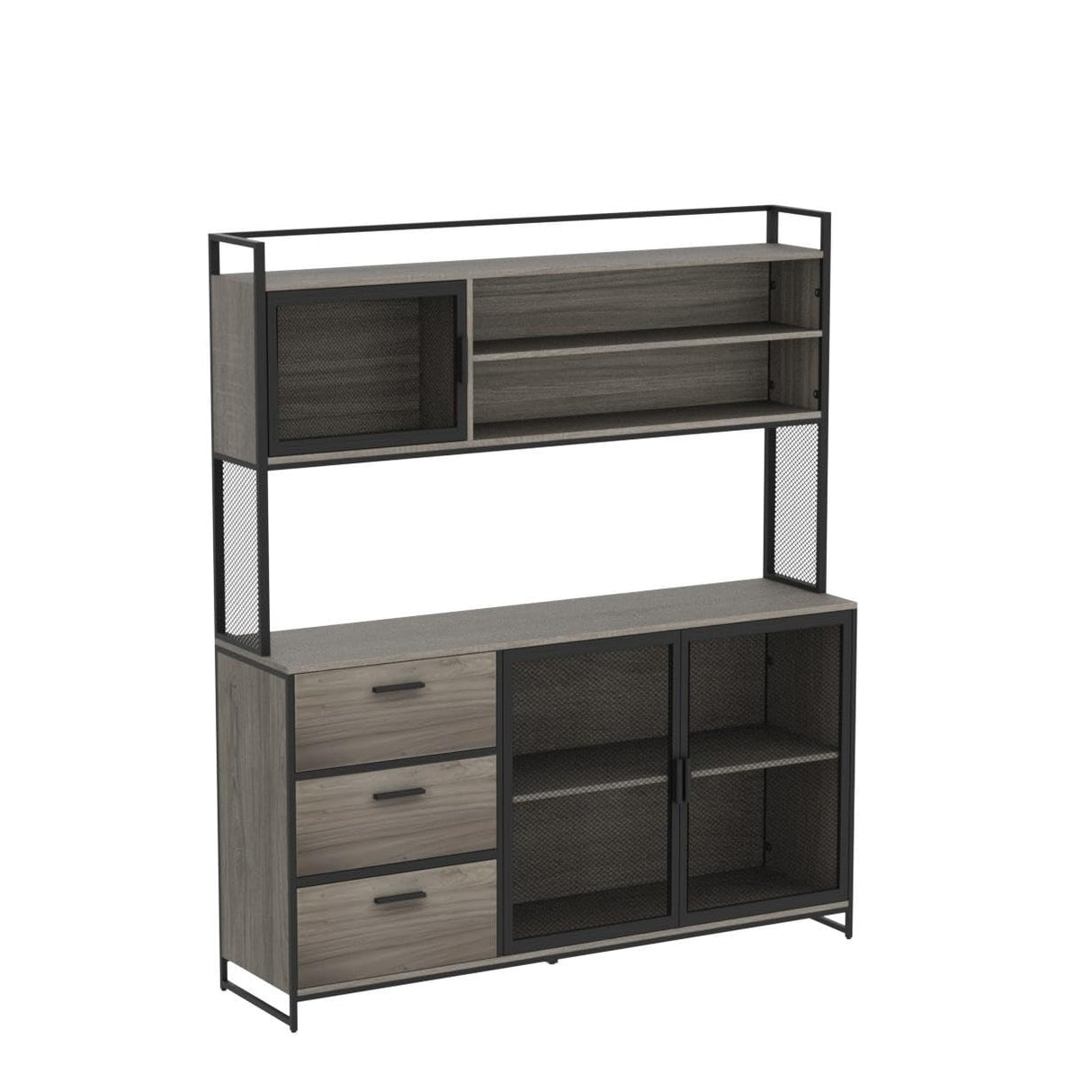 ECACAD Walnut Modern Wood Sideboard Buffet with Hutch, Metal Mesh Doors, and Ample Storage Compartment ECACAD