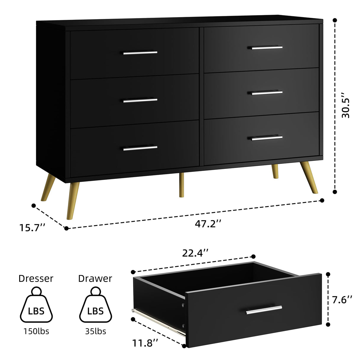 Shintenchi 6 Drawer Dresser, Wide Chest of Drawers Organizer Storage with Drawers, Large Storage Cabinet, Modern Design Dresser for Bedroom, Living Room, Porch, Black Shintenchi