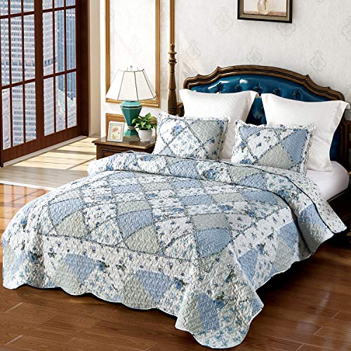 VIVILINEN Blue Floral Patchwork Quilt Set King Size Reversible Quilted Bedding Set with 2 Pillowcases VIVILINEN