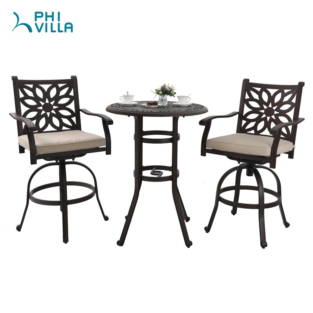 PHI VILLA 32" Cast Aluminum Patio Bar Table, 41" Height High Top Outdoor Table, Pub Height Bistro Round Table for Paito Lawn Garden, Brown PHI VILLA