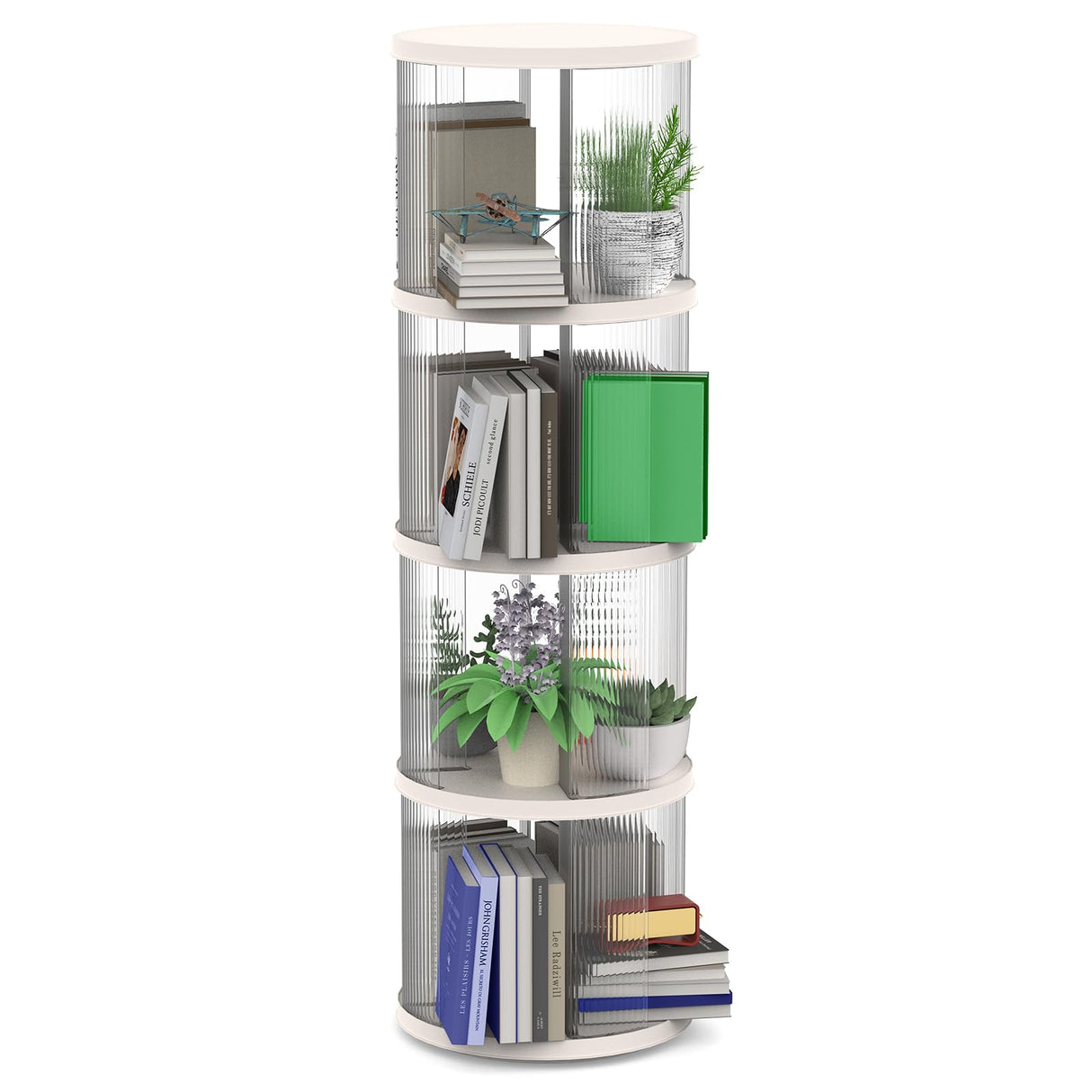 Zream 4 Tier Rotating Bookshelf, 360° Display Spinning Bookshelf Tower, Small Corner Bookshelf for Small Space, Vertical Rotate Turning Spiral Corner Organizer, Round Zream