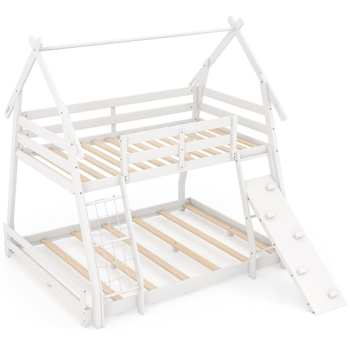 Costzon House-Shaped Twin Over Queen Bunk Bed with Climbing Nets and Ramp - White Wooden Kids Bed Costzon