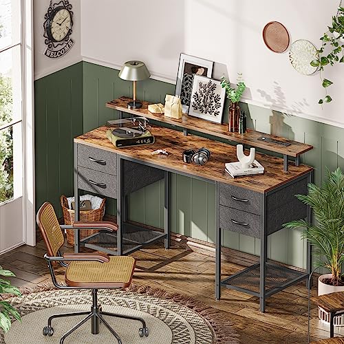 Huuger 55 inch Computer Desk with 4 Drawers, Gaming Desk with LED Lights & Power Outlets, Home Office Desk with Large Storage Space for Bedroom, Work from Home, Rustic Brown Huuger